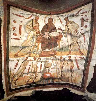 Jesus seated between the Apostles Peter and Paul, 4th century, Catacomb of Saints Marcellinus and Peter